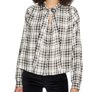 Sanctuary Tie Neck Button Down Plaid Blouse